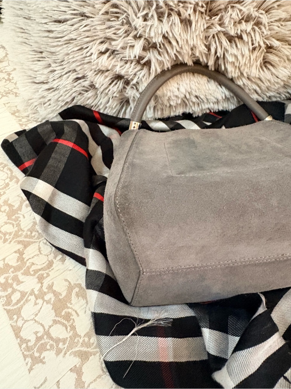 2pc, Mini Gray Suede Top-Handle Bag and crossbody strap with scarf. EUC - Picture 9 of 13